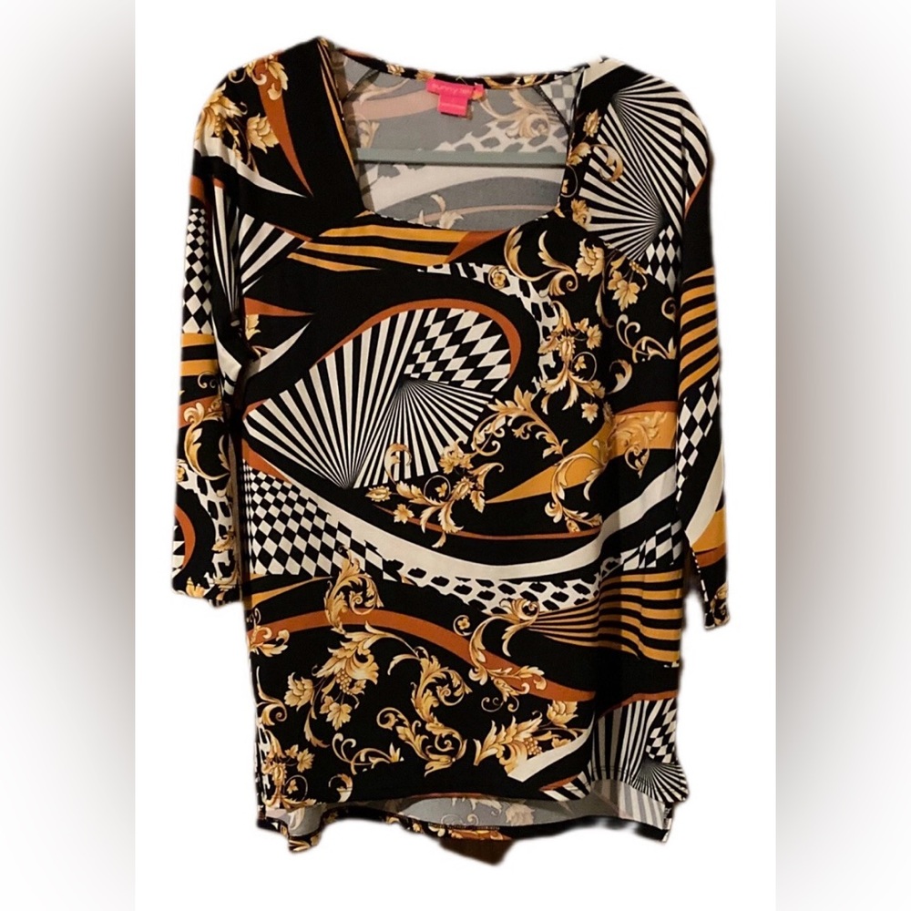 New NWT Sunny Leigh Black Gold Dali print Top 3/4 sleeves square neck tunic XL